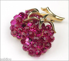 Vintage Trifari Briolette Fuchsia Glass Rhinestone Brooch Pin Set Drop Earrings