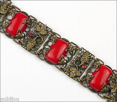 Antique Art Nouveau Brass Czech Grape Red Glass Cabochon Bracelet Victorian Leaf