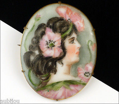 Antique Hand Painted Porcelain Art Nouveau Portrait Miniature Poppy Brooch Pin