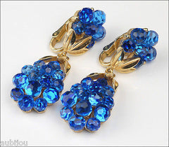 Vintage Trifari Briolette Cobalt Blue Rhinestone Brooch Pin Set Drop Earrings