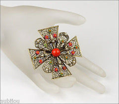 Vintage Signed Art Heraldic Red Enamel Maltese Cross Filigree Brooch Pin Set 1960's