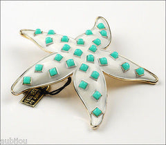 Vintage Crown Trifari White Enamel Faux Turquoise Sea Starfish Brooch Pin Set