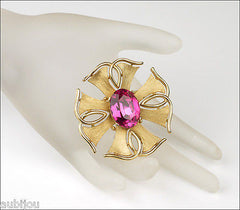 Vintage Trifari Heraldic Fuchsia Glass Rhinestone Cross Brooch Pin Set Earrings