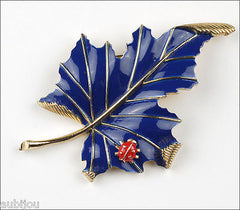 Vintage Crown Trifari Floral Cobalt Blue Enamel Leaf Ladybug Insect Brooch Pin