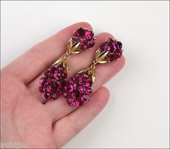 Vintage Trifari Briolette Fuchsia Glass Rhinestone Brooch Pin Set Drop Earrings