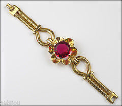 Vintage Rare Crown Trifari Ruby Red Faceted Glass Snake Chain Floral Bracelet 1940's