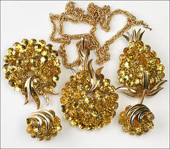 Vintage Trifari Briolette Light Topaz Rhinestone Pineapple Fruit Brooch Pin Set