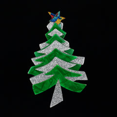 Lea Stein Paris Brooch Christmas Tree or Fir With a Star Green and Silver