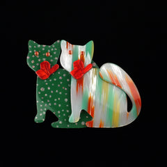 Lea Stein Paris Brooch Watching Cat Double Brooch Green and Multicolor
