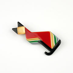 Lea Stein Paris Brooch Deco Cat Brooch Red Black and Layered Multicolor