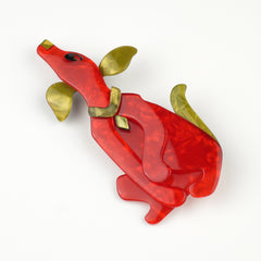Lea Stein Paris Brooch Poof the Dog Red and Mustard Green