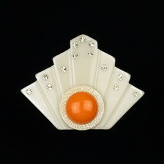 Lea Stein Paris Vintage Brooch Geometric Fan Ivory and Orange with Jonquil Rhinestones