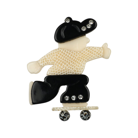 Lea Stein Paris Vintage Brooch Roller Skater Boy Ivory and Black with Clear Rhinestones