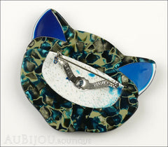 Lea Stein Bacchus The Cat Head Brooch Pin Blue Green Mosaic Back
