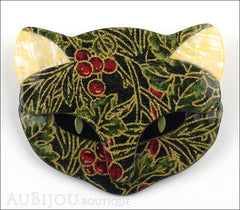 Lea Stein Bacchus The Cat Head Brooch Pin Green Cherry Floral Cream Front