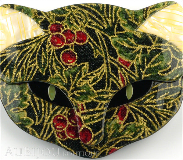 Lea Stein Bacchus The Cat Head Brooch Pin Green Cherry Floral Cream Gallery