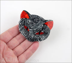 Lea Stein Bacchus The Cat Head Brooch Pin Grey Red Animal Print Model