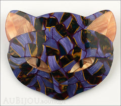 Lea Stein Bacchus The Cat Head Brooch Pin Purple Blue Mosaic Front