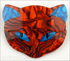 Lea Stein Bacchus The Cat Head Brooch Pin Red Swirls Blue Front