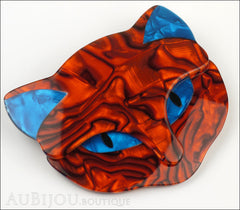 Lea Stein Bacchus The Cat Head Brooch Pin Red Swirls Blue Side