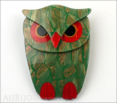Lea Stein Buba The Owl Bird Brooch Pin Green Red Gold Front
