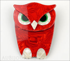 Lea Stein Buba The Owl Bird Brooch Pin Red Pearly White Front