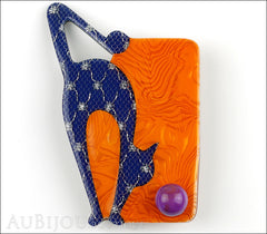 Lea Stein Cat With Ball Art Deco Brooch Pin Blue Orange Black Front