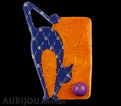 Lea Stein Cat With Ball Art Deco Brooch Pin Blue Orange Black