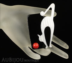 Lea Stein Cat With Ball Art Deco Brooch Pin Pearly White Black Mannequin