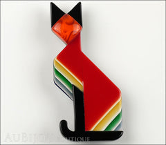 Lea Stein Deco Cat Brooch Pin Red Black Yellow Front