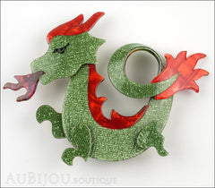 Lea Stein Dragon Brooch Pin Sparkly Green Red Front