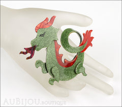 Lea Stein Dragon Brooch Pin Sparkly Green Red Mannequin