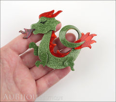 Lea Stein Dragon Brooch Pin Sparkly Green Red Model