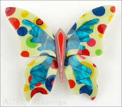 Lea Stein Elfe The Butterfly Insect Brooch Pin Yellow Blue Red Polka Dots Front