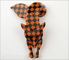 Lea Stein Fox Brooch Pin Orange Black Checker Pattern Front