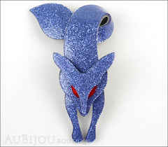 Lea Stein Fox Brooch Pin Sparkly Blue Silver Red Front