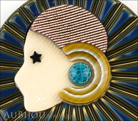 Lea Stein Full Collerette Art Deco Girl Brooch Pin Blue Gold Gallery