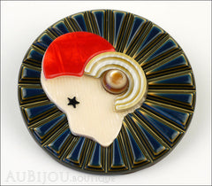 Lea Stein Full Collerette Art Deco Girl Brooch Pin Blue Gold Red Side