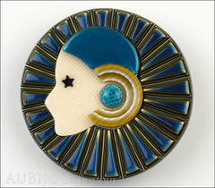 Lea Stein Full Collerette Art Deco Girl Brooch Pin Navy Gold Blue Front