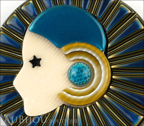 Lea Stein Full Collerette Art Deco Girl Brooch Pin Navy Gold Blue Gallery