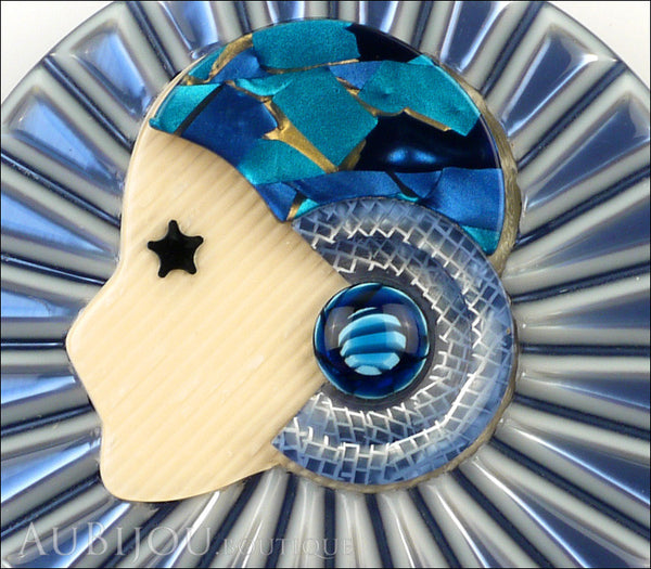 Lea Stein Full Collerette Art Deco Girl Brooch Pin Silver Blue