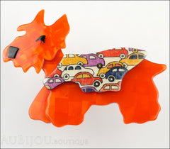 Lea Stein Kimdoo Dog Scottish Terrier Brooch Pin Bright Orange Cars