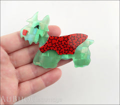 Lea Stein Kimdoo Dog Scottish Terrier Brooch Pin Pearly Green Red Stars
