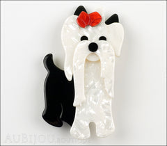 Lea Stein Moustache Dog Brooch Pin Pearly White Black Red Front