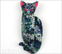Lea Stein Quarrelsome Cat Brooch Pin Blue Floral Red Front