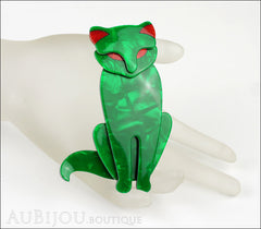 Lea Stein Sacha The Cat Brooch Pin Green Swirls Red Mannequin