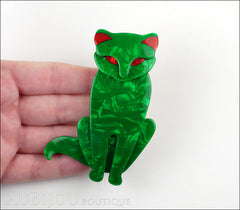 Lea Stein Sacha The Cat Brooch Pin Green Swirls Red Model