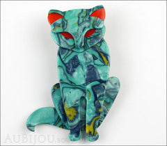 Lea Stein Sacha The Cat Brooch Pin Turquoise Swirls Red Front