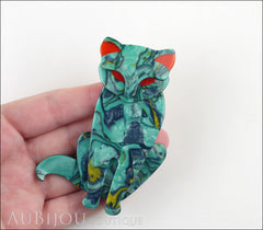 Lea Stein Sacha The Cat Brooch Pin Turquoise Swirls Red Model