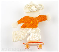 Lea Stein Skateboarder Boy Brooch Pin Pearly White Mesh Orange Front